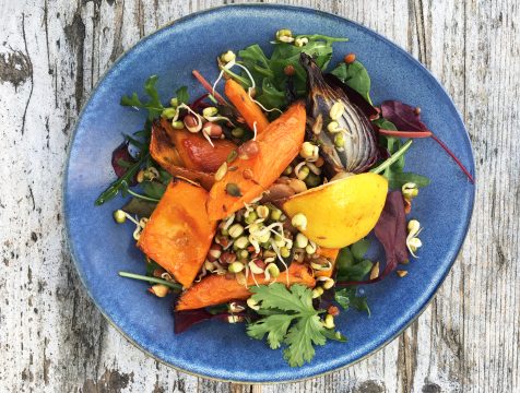 Moroccan inspired Roast vegetable and super seed salad with sprouted lentils